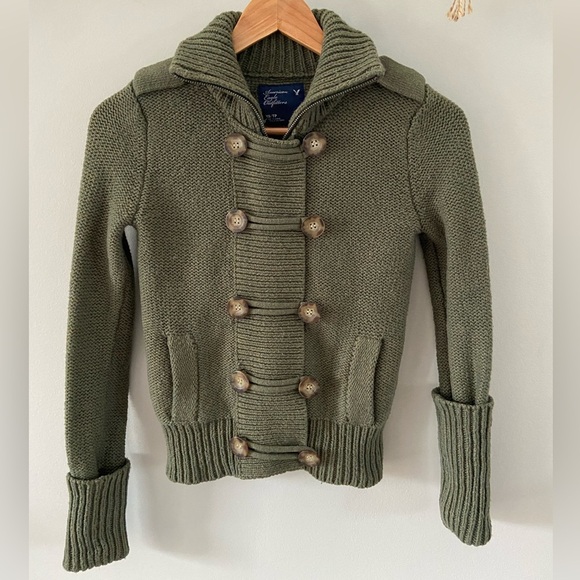 ☃️Y2K AEArmy Green Wool Blend Chunky Knit Zip up Double Breasted Top - Picture 2 of 5